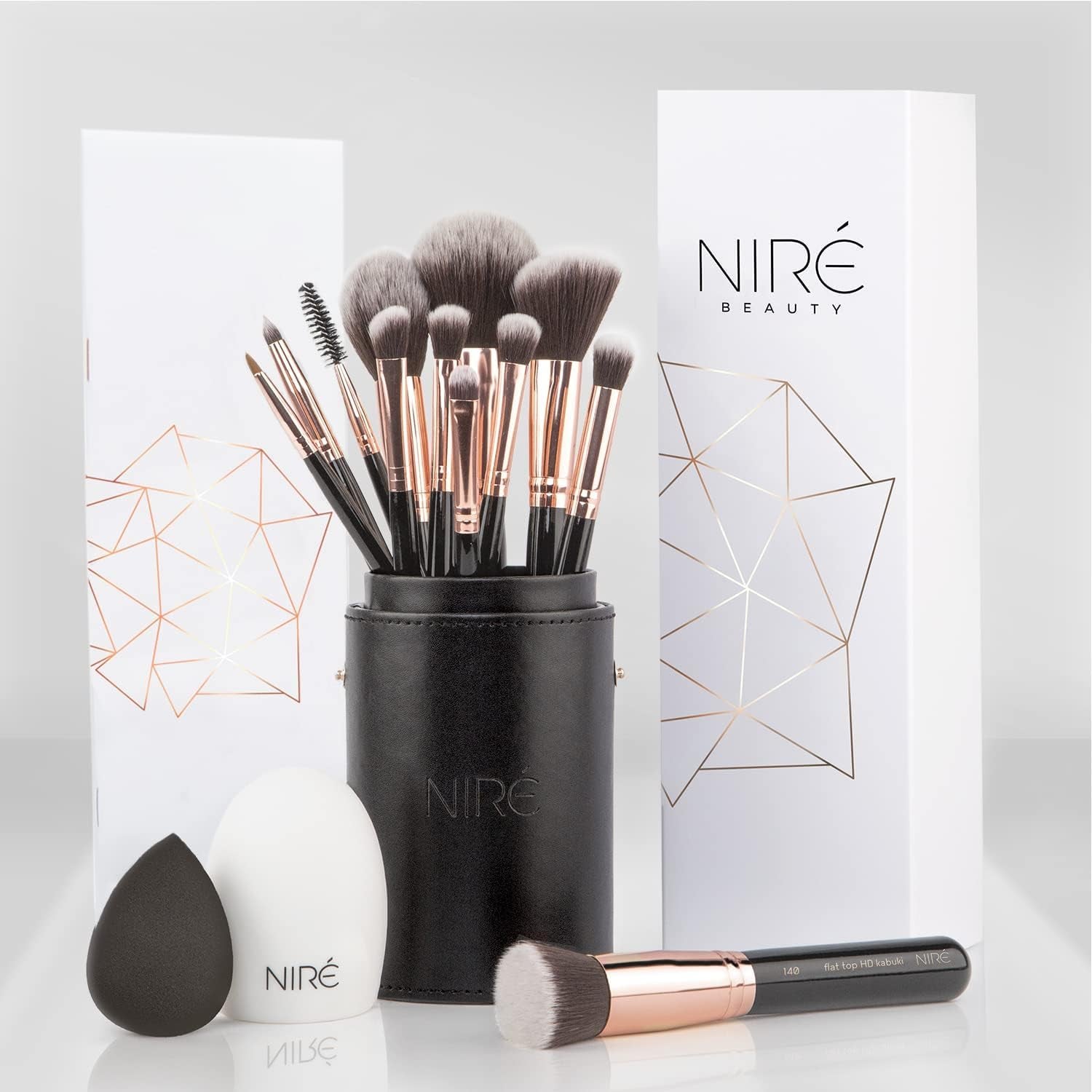 Beauty Professional Makeup Brush Set, Vegan, 15Pc, Black Rose Gold | Kabuki, Blusher, Foundation, Powder, Contour, Eyeshadow, Brow Heads, Blending Sponge, Brush Cleaner, Beginner Guide, Gift Box