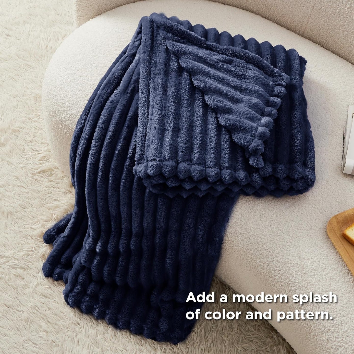 Fleece Throw Blanket for Bed - Fluffy Throw, Navy, 150X200 Cm | Striped Soft Cute and Cosy, Lightweight Warmth, Perfect for Room Decor, Travel, Camping, Gifts for Women and Girls