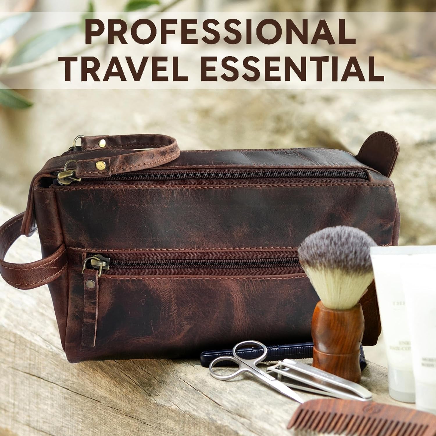 Leather Wash Bag for Men - Travel Toiletry Bag - Shaving Dopp Kit Toiletries Organizer - Leather Makeup Bag for Women | Main Compartment, Interior & Exterior Zip Pockets, YKK Zippers, Waterproof Lining; TSA Carry-On; Gifts for Him, Brown
