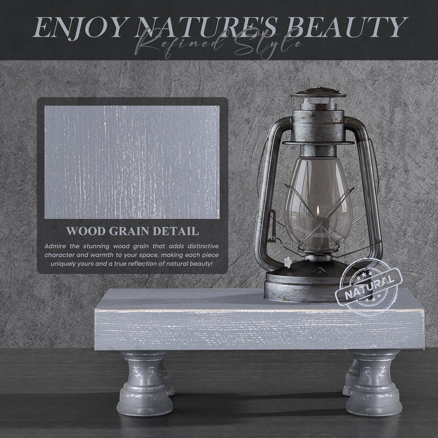 Wood Riser & Display Stand for Rustic Kitchen Counter, Gray | Pine Wood, 8.5" Display Riser, Bathroom Decor, Soap Holder, Coffee Bar Accessory, Plant & Candle Display, Neutral Decor