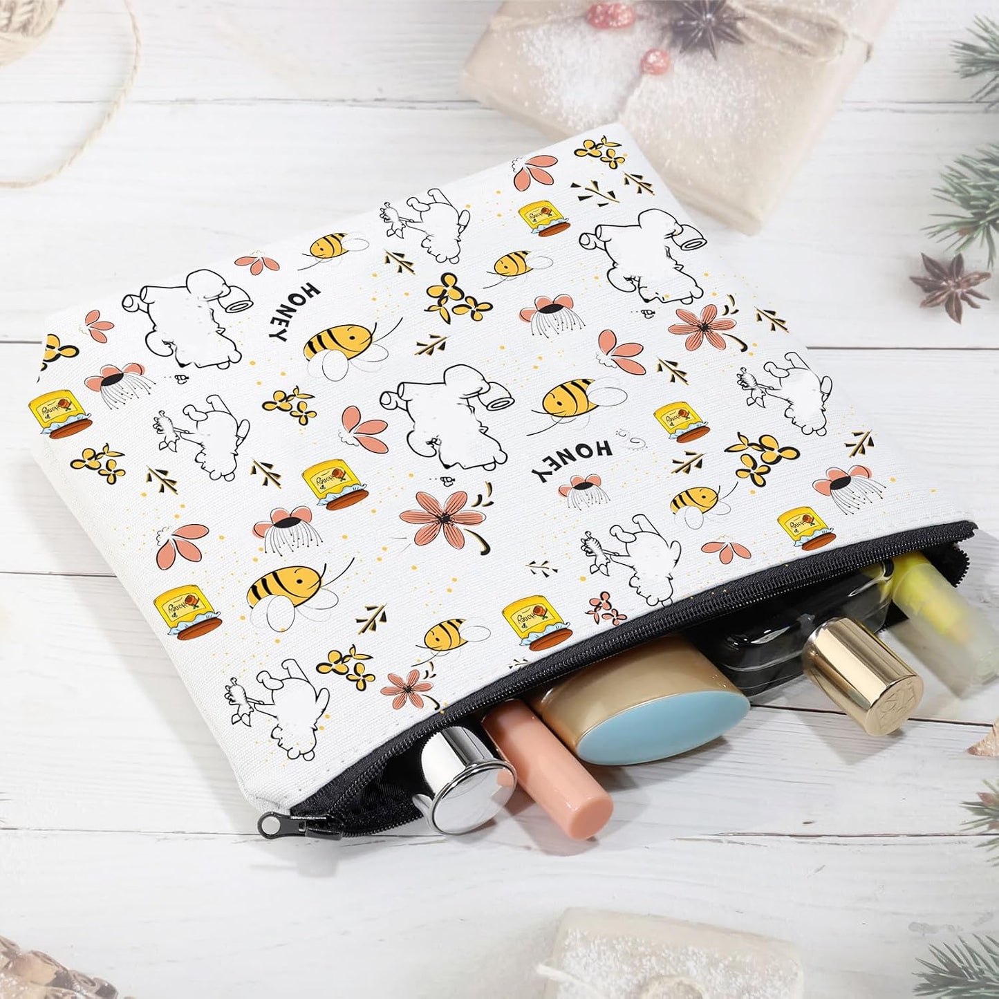 Cartoon Bear Makeup Bag Cosmetic Bag Bear Lover Gifts Bag for Women Friends Honey Bee Gifts Travel Pouch Toiletry Case (Bear Bag)