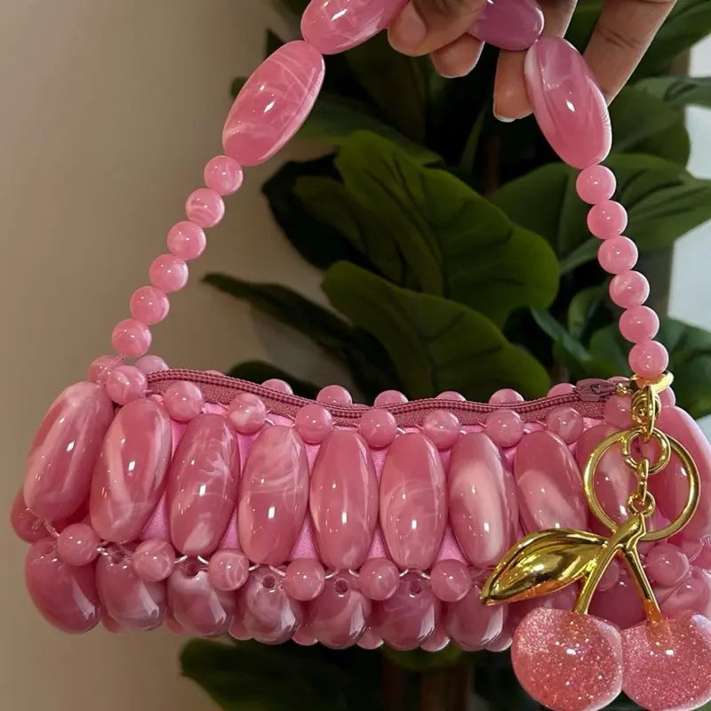 Bubblegum Handmade Beaded Bag for Outing Beaded Purse with Cherry Charm and Zipper Closure