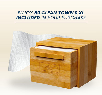 Luxe Bamboo Container with Pullout Drawer Includes Clean Towels® Original XL 50 Count, Disposable Face Towel Holder for Bathroom Counter