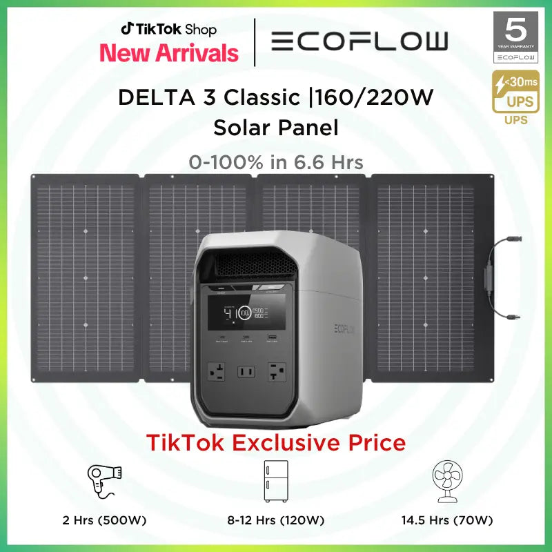 ECOFLOW DELTA 3 Classic Portable Power Station with 160 or 220W Solar Panel, Solar Charging, Lifepo4 Battery, 1800W AC/100W USB-C Output