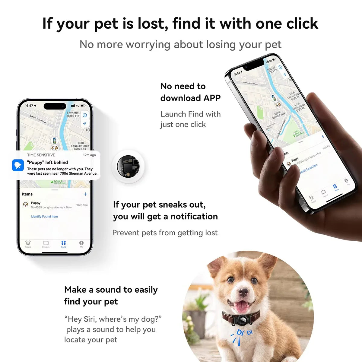 GPS Pet Tracker No Monthly Fee – Works with Apple Find My | Dogs & Cats