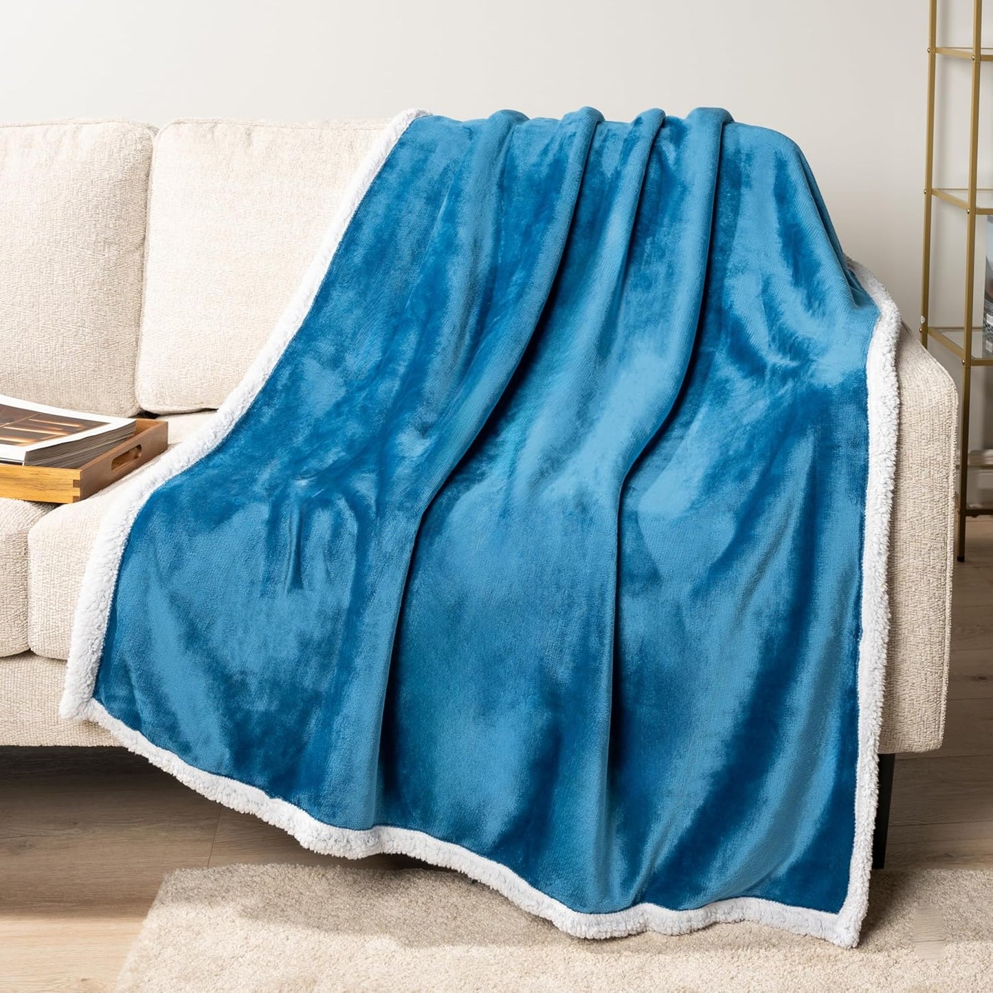 Sherpa Fleece Throw Blanket for Couch, Teal Blue, Plush Soft Fuzzy Sofa Blanket, Cozy Reversible Winter Throw for Women Men, 50X60 Inches