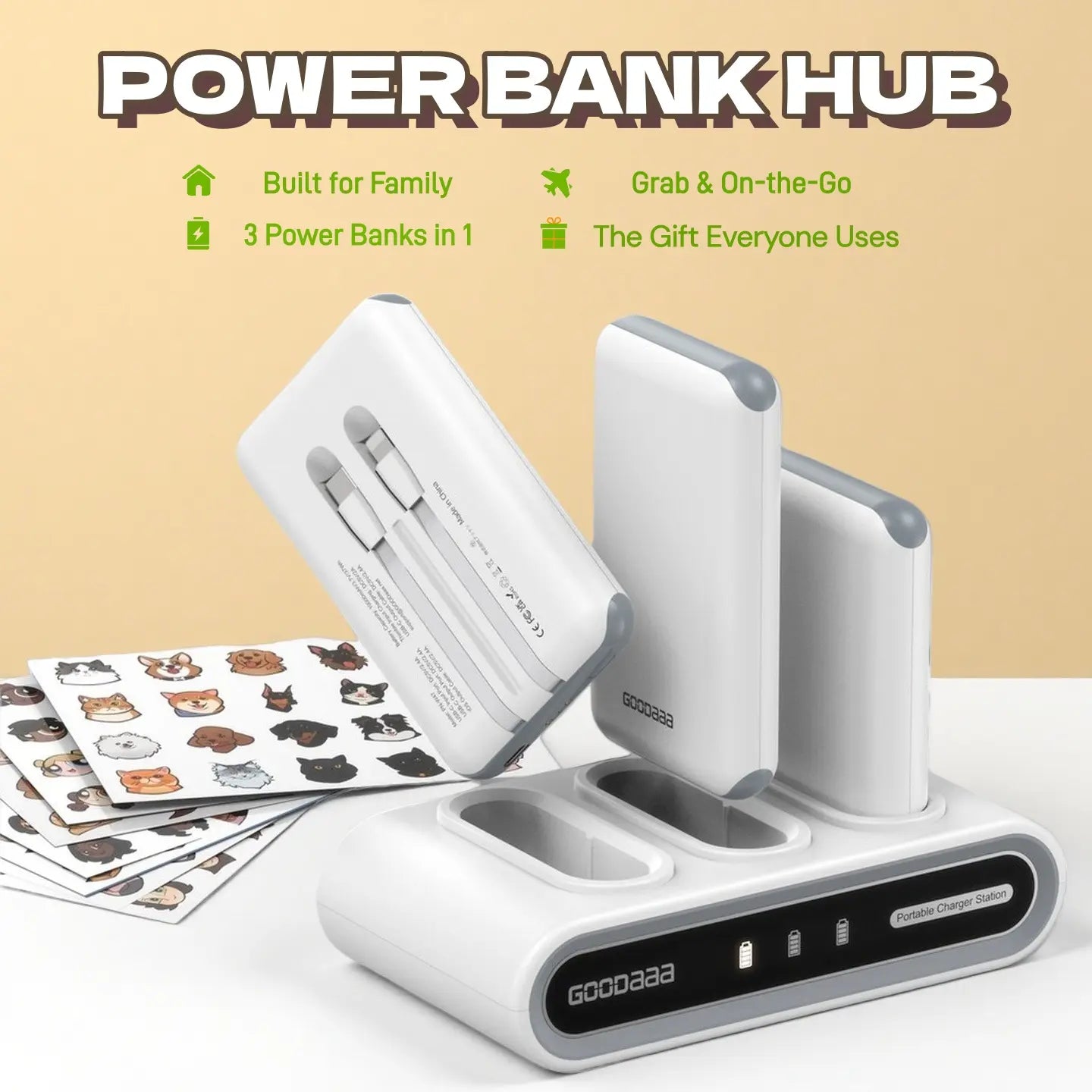 Goodaaa 3-Pack 10000Mah Portable Charger with Charging Dock Station, Built-In Cables, Family Power Hub for Home, Office, Travel, Parties, Dorms & Perfect Gift Tiktokshopbacktoschool