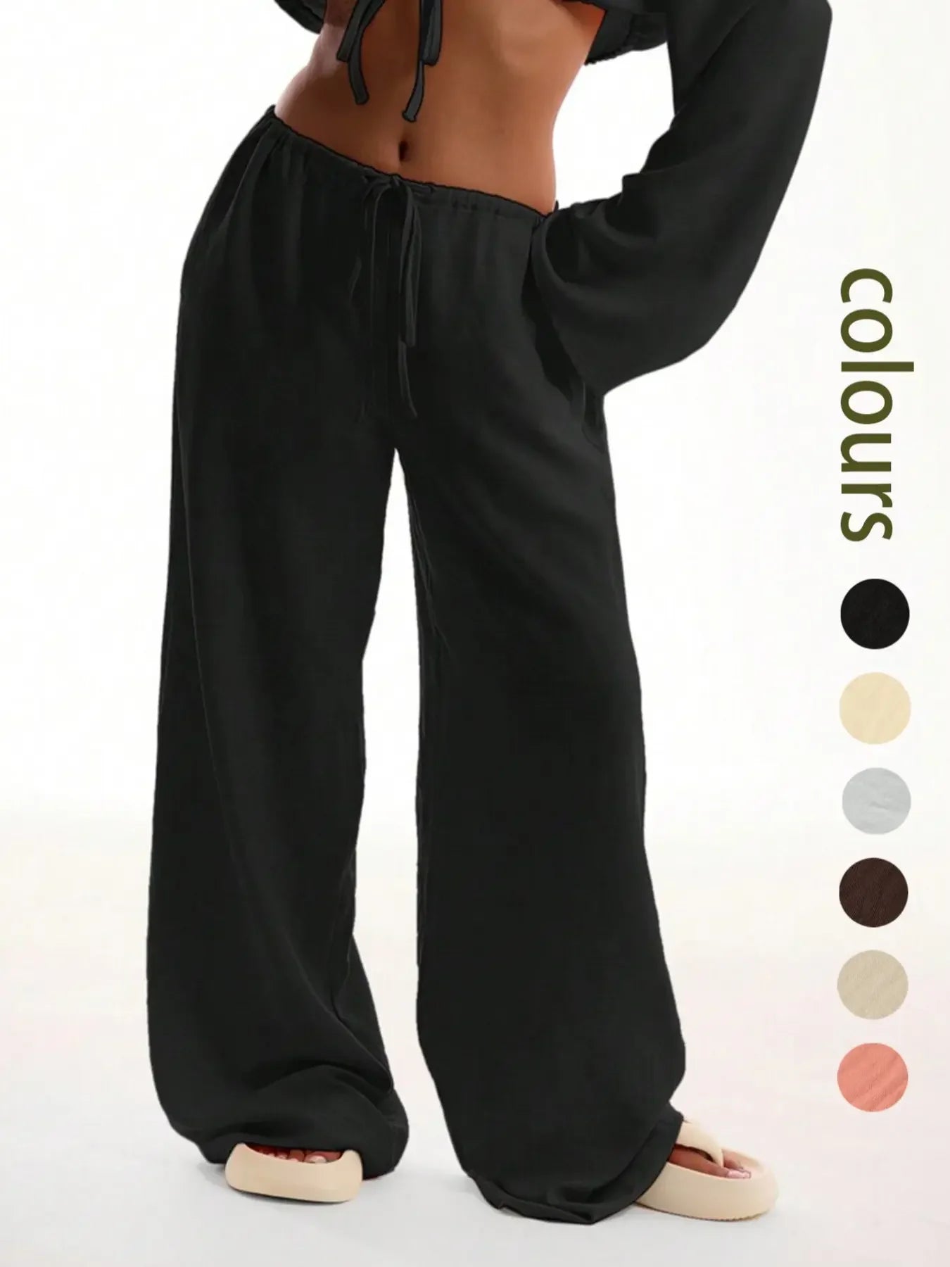 Women'S Solid Basic Pocket Pants, Casual Comfy Wide Leg Woven Trousers for Beach Vacation Holiday, Ladies Bottoms for All Seasons, Baggy Legged Pants, Fit, Womenswear