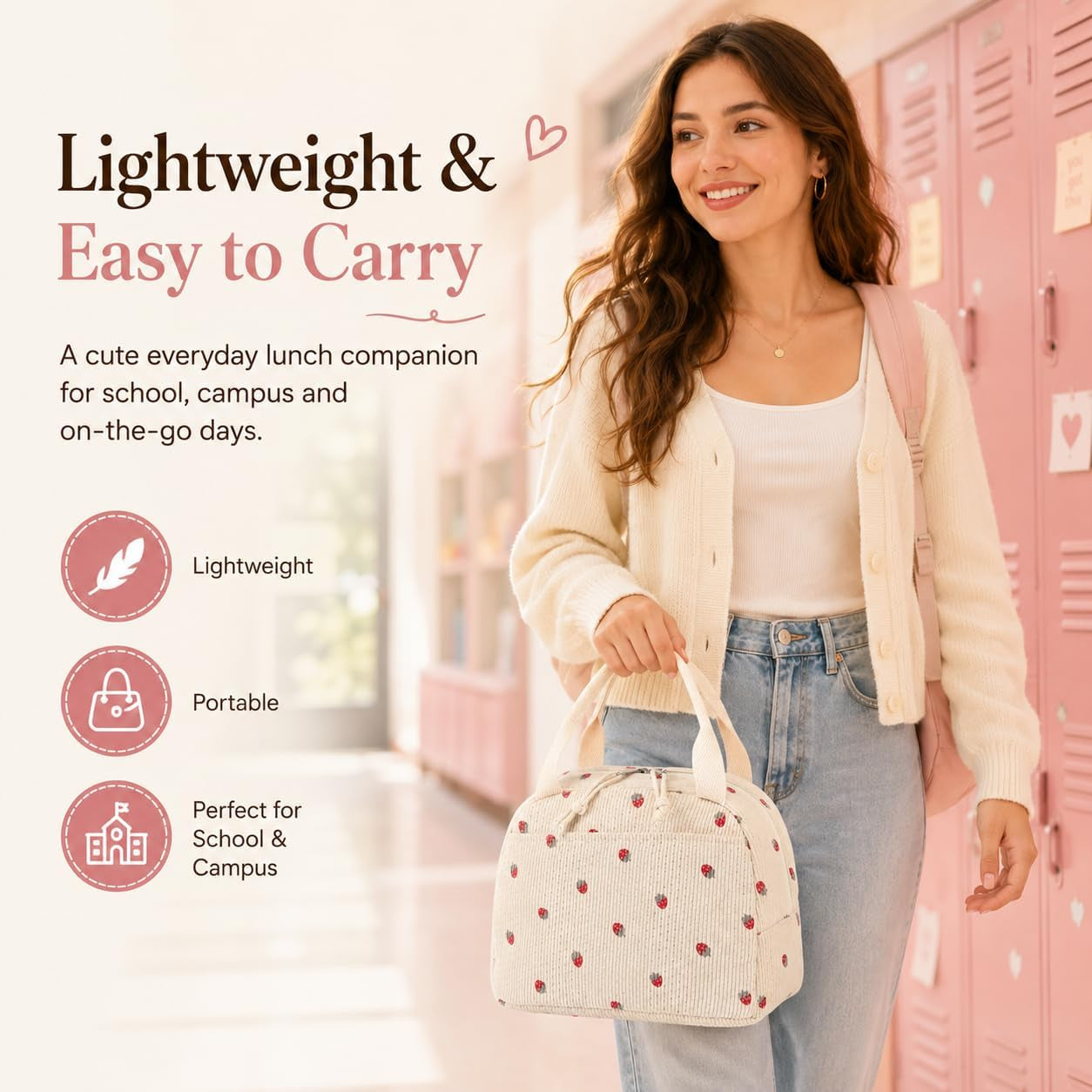Lunch Bag for Women Men Cute Corduroy Lunch Tote Bags Reusable Insulated Lunch Box Large Capacity Reusable Insulated Cooler for School Work or Travel