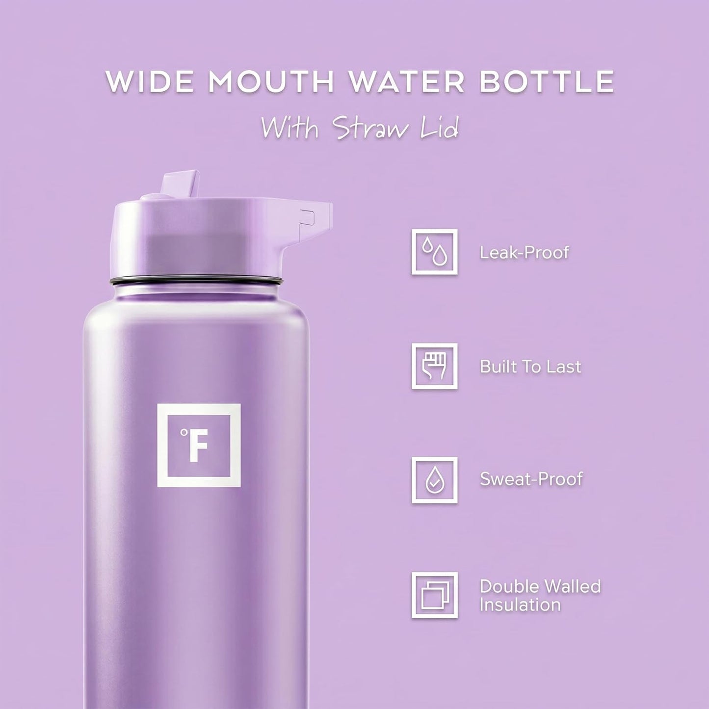 40 Oz Wide Mouth Water Bottle with Straw | Insulated Stainless Steel Sports Water Bottle with Leakproof Straw Lid - BPA Free, Cold 24 Hrs, Sweat Free (Lavender)