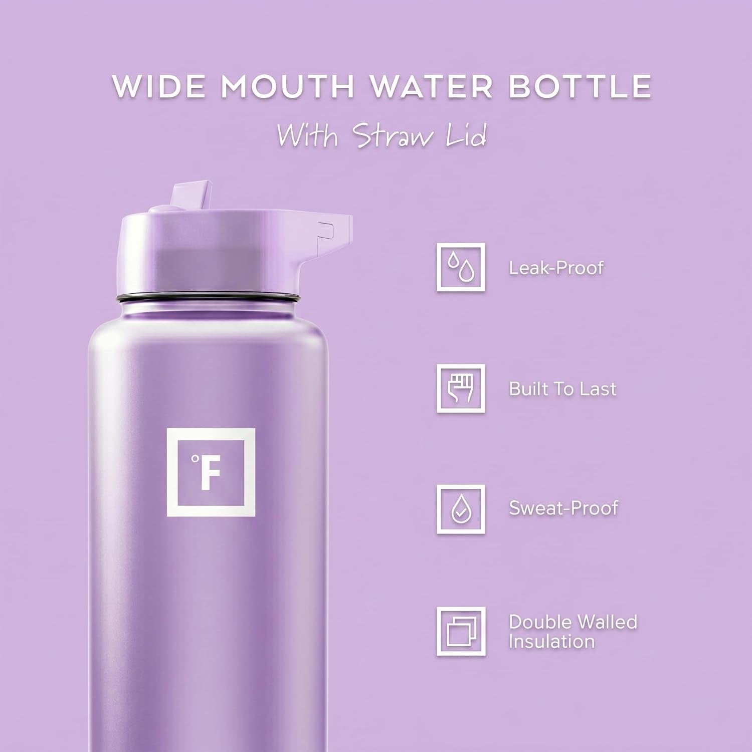 40 Oz Wide Mouth Water Bottle with Straw | Insulated Stainless Steel Sports Water Bottle with Leakproof Straw Lid - BPA Free, Cold 24 Hrs, Sweat Free (Lavender)