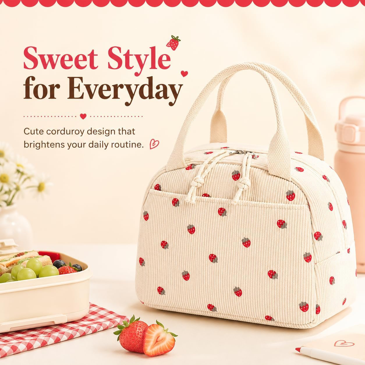 Lunch Bag for Women Men Cute Corduroy Lunch Tote Bags Reusable Insulated Lunch Box Large Capacity Reusable Insulated Cooler for School Work or Travel