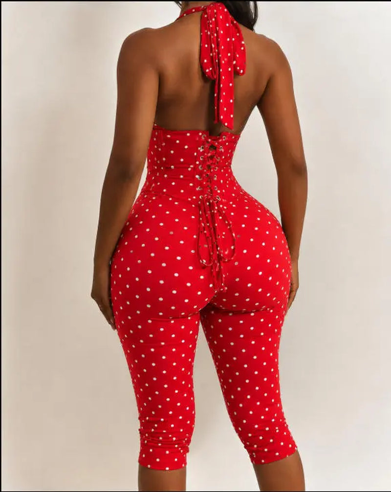 Women’S Seamless Polka Dot Shapewear Halter Bodysuit 2-Piece Set, Tummy Control & Butt Lift Waist Trainer