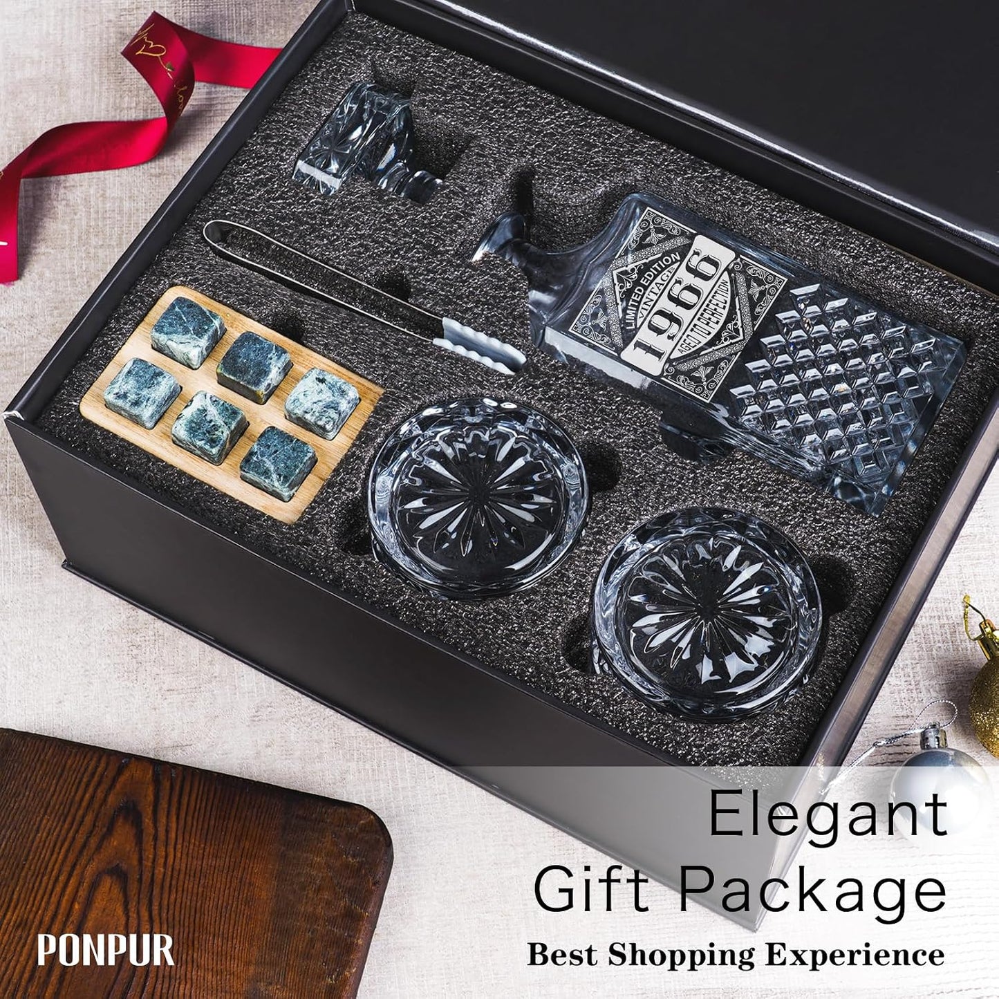 1966 60Th Birthday Gifts for Men Dad, 1966 Laser Whiskey Decanter Set with Gift Box, Anniversary Bday Gift Ideas for Him Husband, 60 Years Decorations, Whiskey Glasses & Whisky Stones Inc.