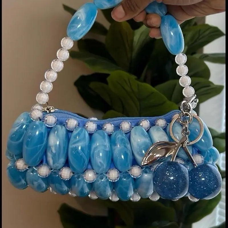 Bubblegum Handmade Beaded Bag for Outing Beaded Purse with Cherry Charm and Zipper Closure