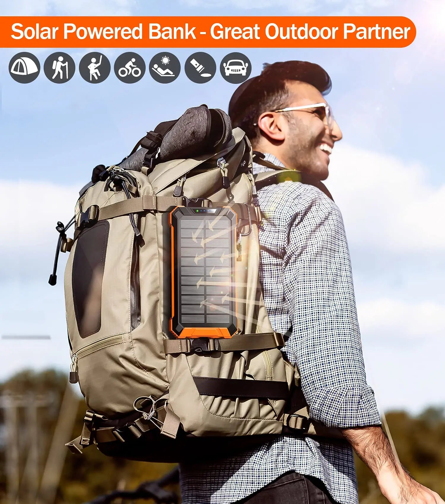 GNC W22 Solar Battery Power Bank - 15W Fast Charger Portable Charger, 4 Built-In Cables, 6 Outputs, 3 Inputs, Dual Built-In Flashlight, Carabiner, Universal Device Compatibility, Clip-On Design, Portable Chargers