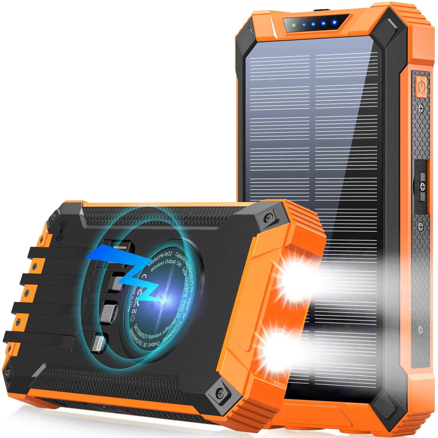GNC W22 Solar Battery Power Bank - 15W Fast Charger Portable Charger, 4 Built-In Cables, 6 Outputs, 3 Inputs, Dual Built-In Flashlight, Carabiner, Universal Device Compatibility, Clip-On Design, Portable Chargers