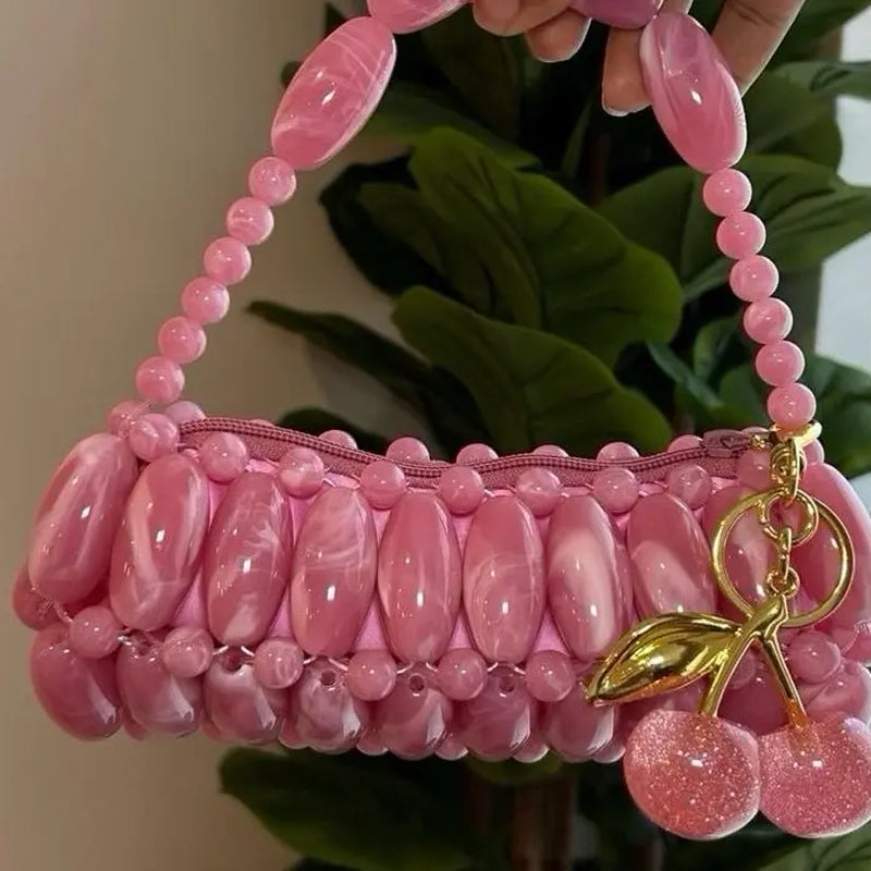 Bubblegum Handmade Beaded Bag for Outing Beaded Purse with Cherry Charm and Zipper Closure