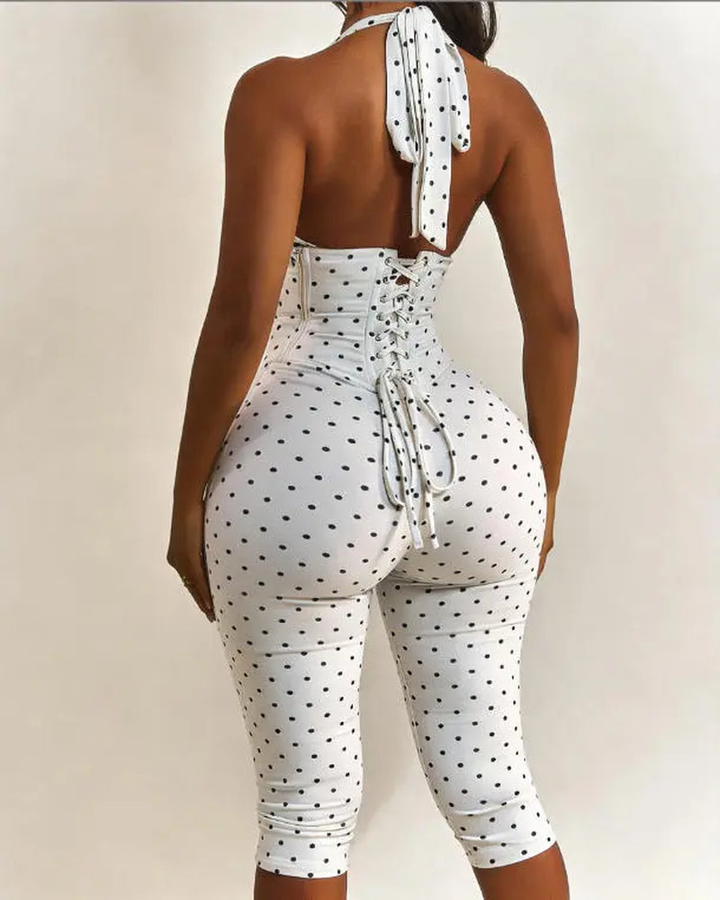 Women’S Seamless Polka Dot Shapewear Halter Bodysuit 2-Piece Set, Tummy Control & Butt Lift Waist Trainer