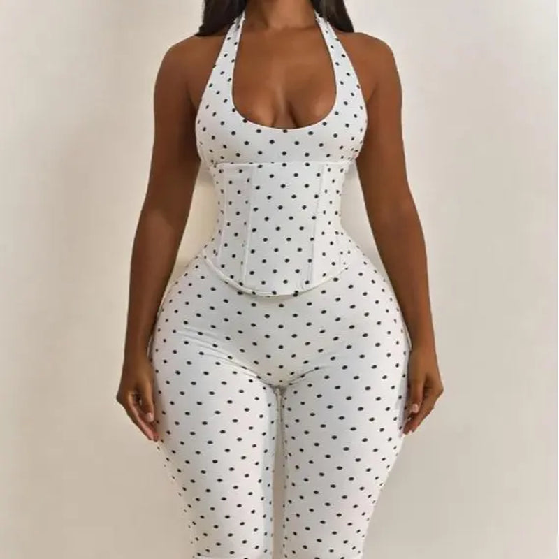 Women’S Seamless Polka Dot Shapewear Halter Bodysuit 2-Piece Set, Tummy Control & Butt Lift Waist Trainer