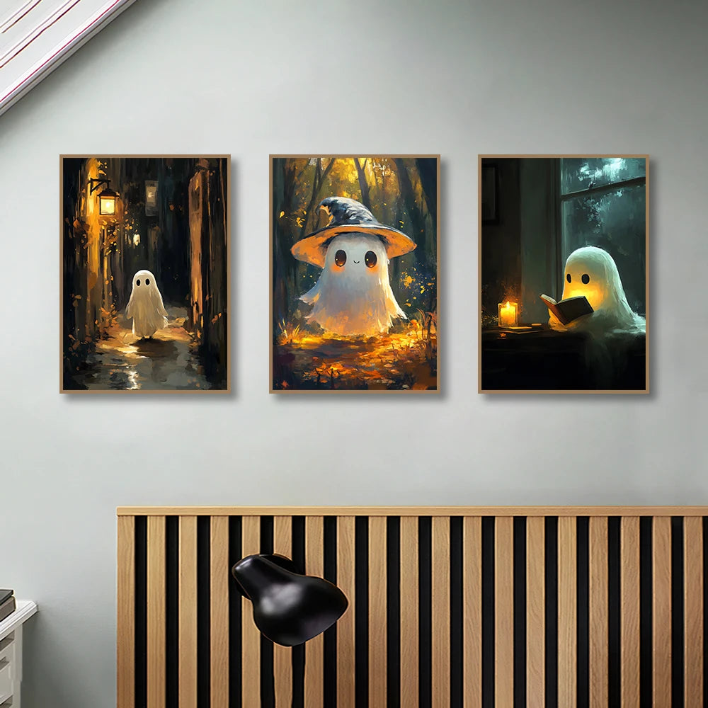 3Pcs/Sets Ghost Skeleton Posters and Prints Canvas Painting Gothic Flowers Wall Art for Home Living Room Decor Halloween Gifts