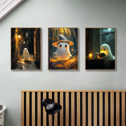 3Pcs/Sets Ghost Skeleton Posters and Prints Canvas Painting Gothic Flowers Wall Art for Home Living Room Decor Halloween Gifts