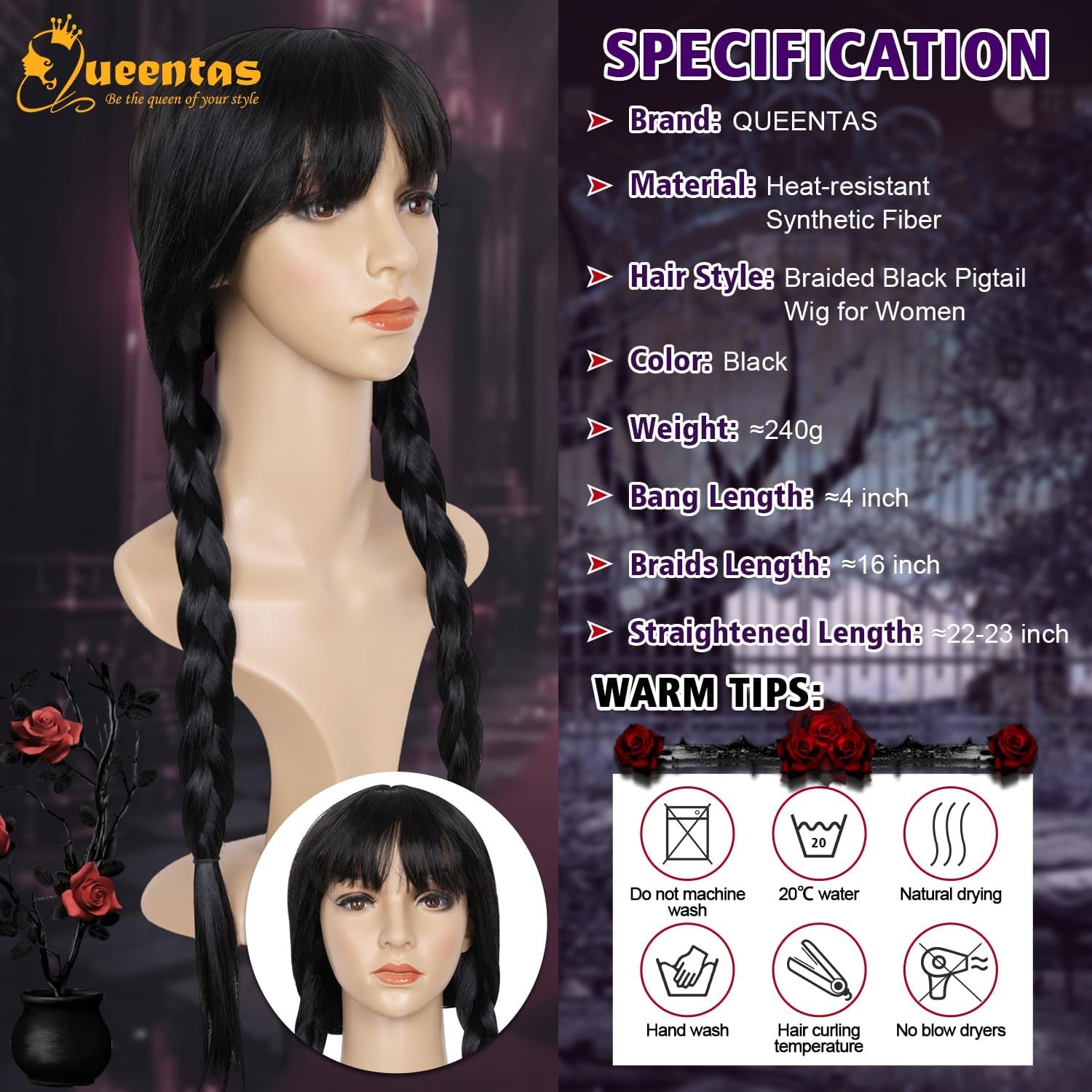 19Inch Long Braided Wigs for Women Black Long Straight Hair Costume Wigs for Halloween Party Cosplay