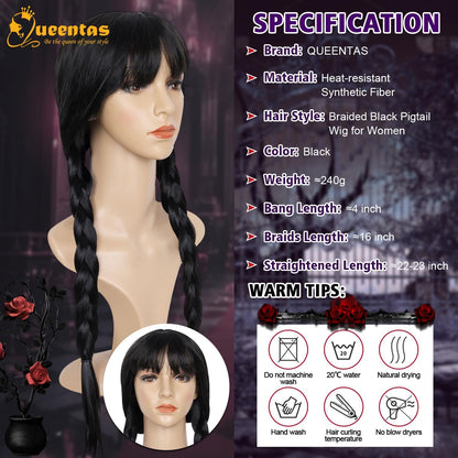19Inch Long Braided Wigs for Women Black Long Straight Hair Costume Wigs for Halloween Party Cosplay