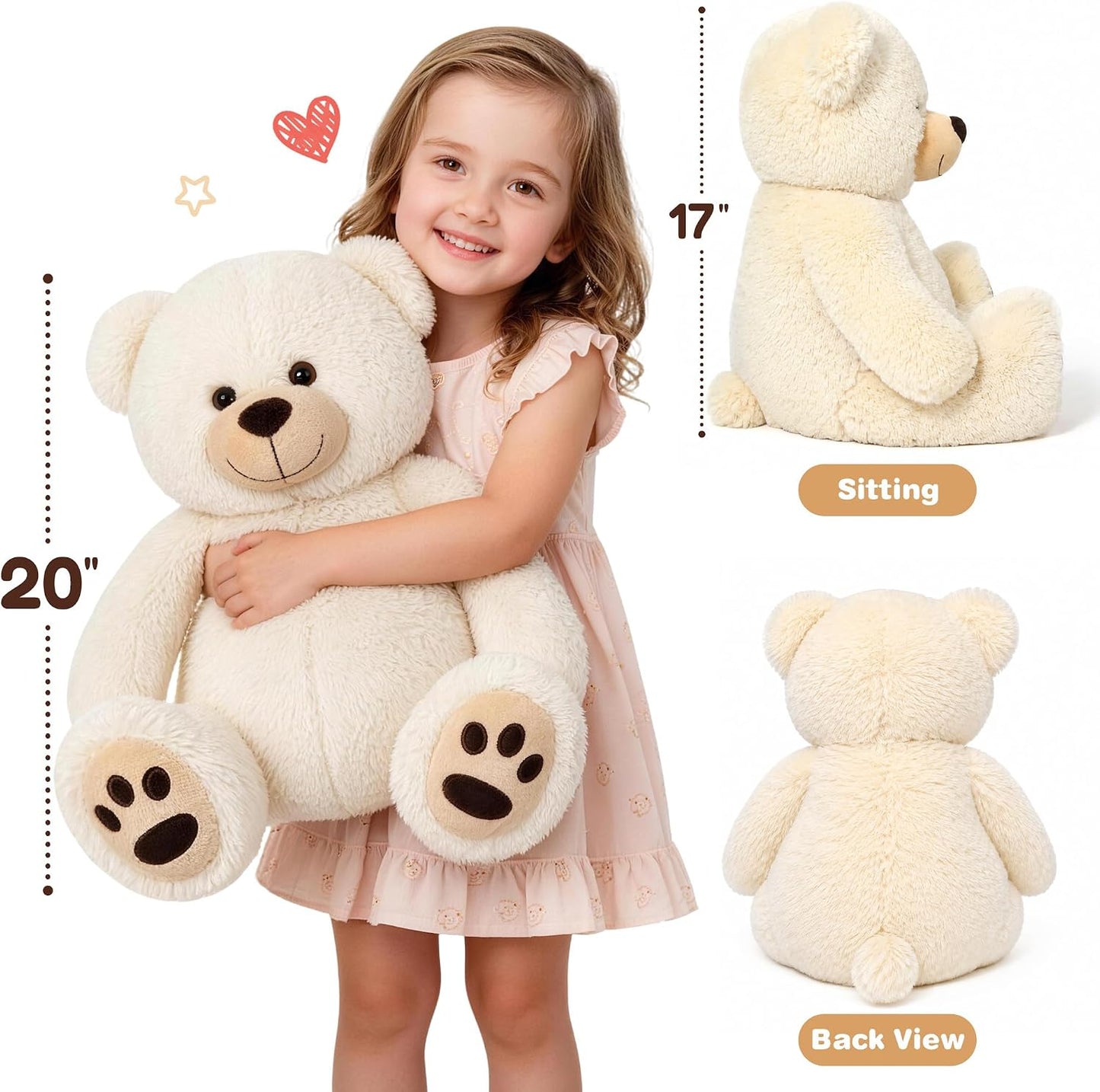 Teddy Bear Stuffed Animals, 20 Inch Soft Plush Toy, Beige | Cute Footprint Plushie for Easter and Birthday Gifts, Soft Huggable Toy for Toddlers Cuddling, Snuggling & Bedtime.