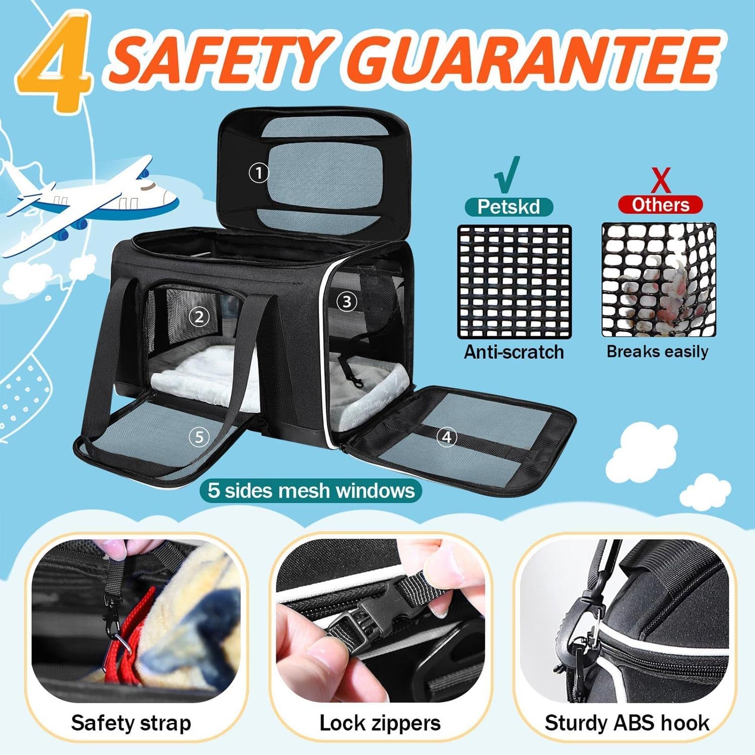 Top-Expandable Pet Carrier 18X11X11 Inches Delta American United Airline Approved, Soft-Sided Carrier for Small Cats and Dogs with Locking Safety Zippers and Anti-Scratch Mesh(Black)