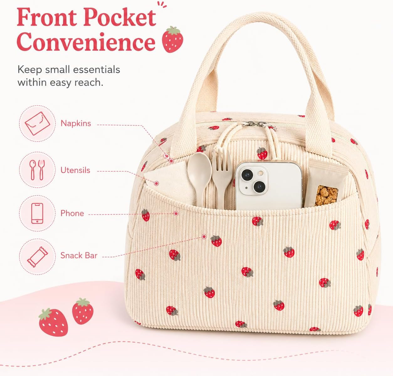Lunch Bag for Women Men Cute Corduroy Lunch Tote Bags Reusable Insulated Lunch Box Large Capacity Reusable Insulated Cooler for School Work or Travel