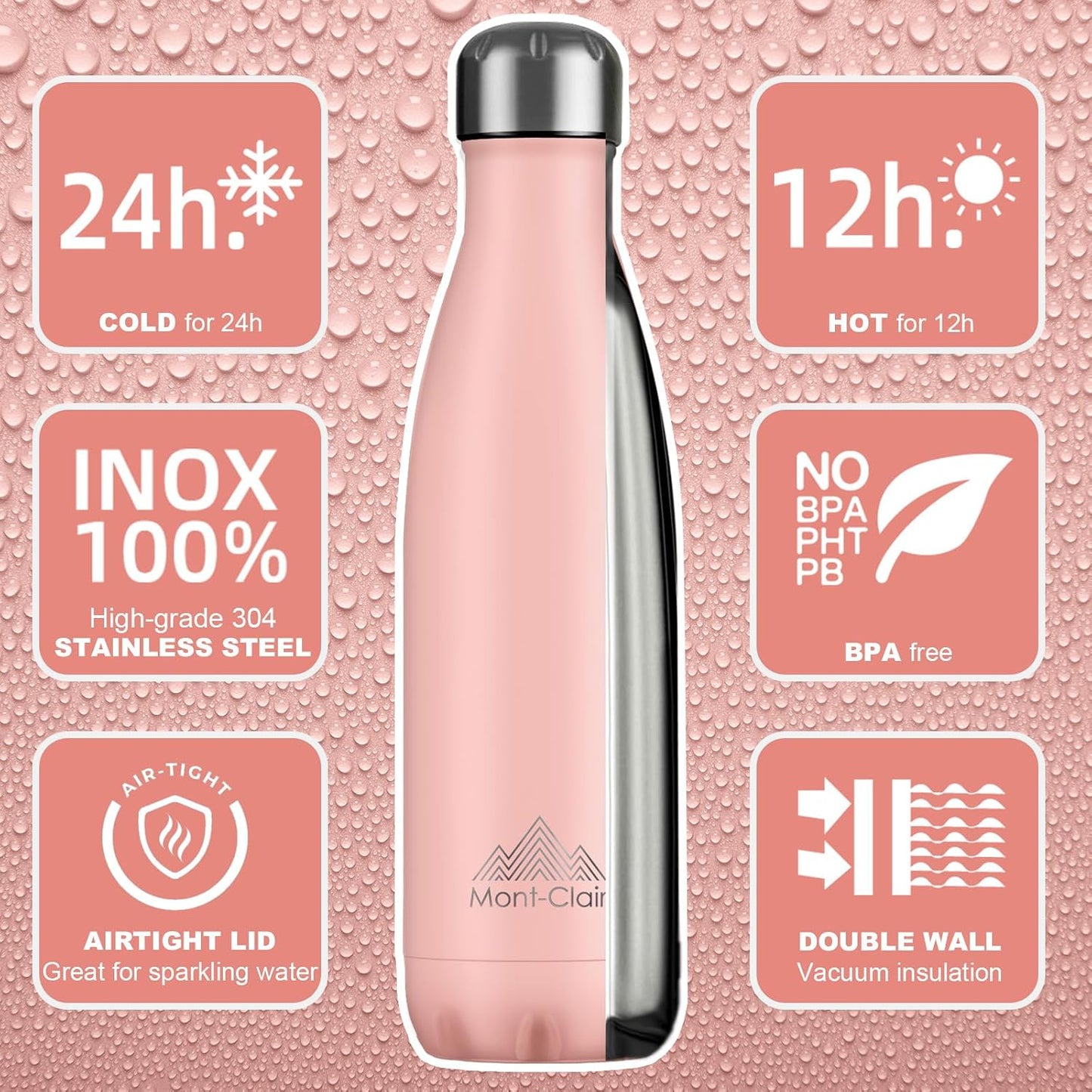 Stainless Steel Water Bottle, Vacuum Insulated - BPA Free, 12H Hot & 24H Cold Drinks, Metal Water Bottle 500ML Leakproof, Ideal for Adult, Kids, Running - Mellow Rose