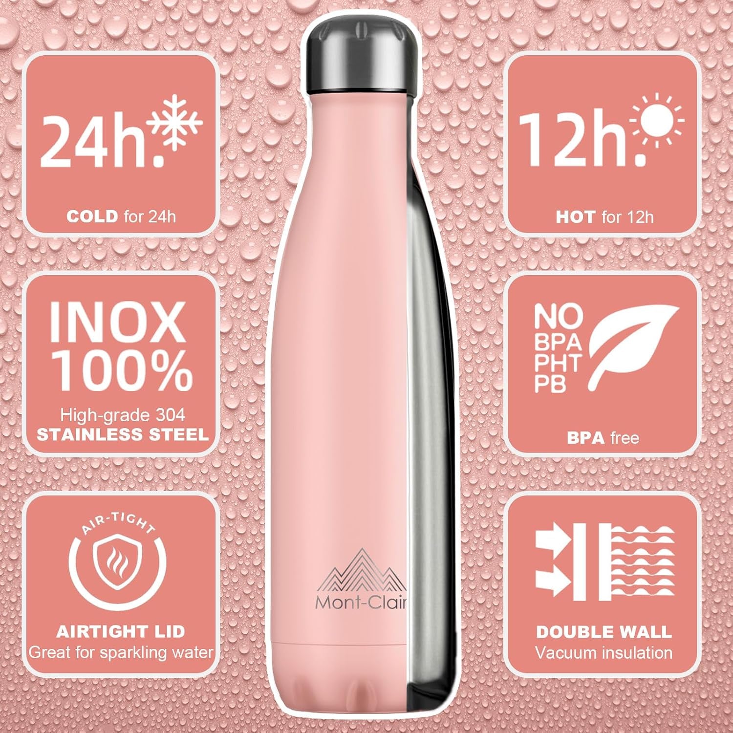 Stainless Steel Water Bottle, Vacuum Insulated - BPA Free, 12H Hot & 24H Cold Drinks, Metal Water Bottle 500ML Leakproof, Ideal for Adult, Kids, Running - Mellow Rose