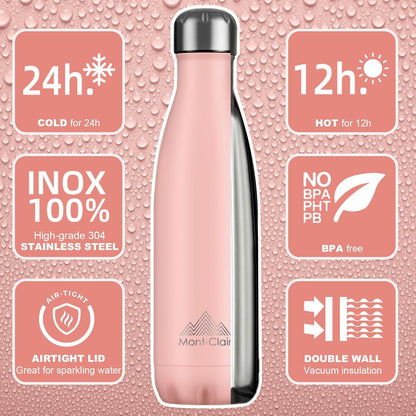 Stainless Steel Water Bottle, Vacuum Insulated - BPA Free, 12H Hot & 24H Cold Drinks, Metal Water Bottle 500ML Leakproof, Ideal for Adult, Kids, Running - Mellow Rose