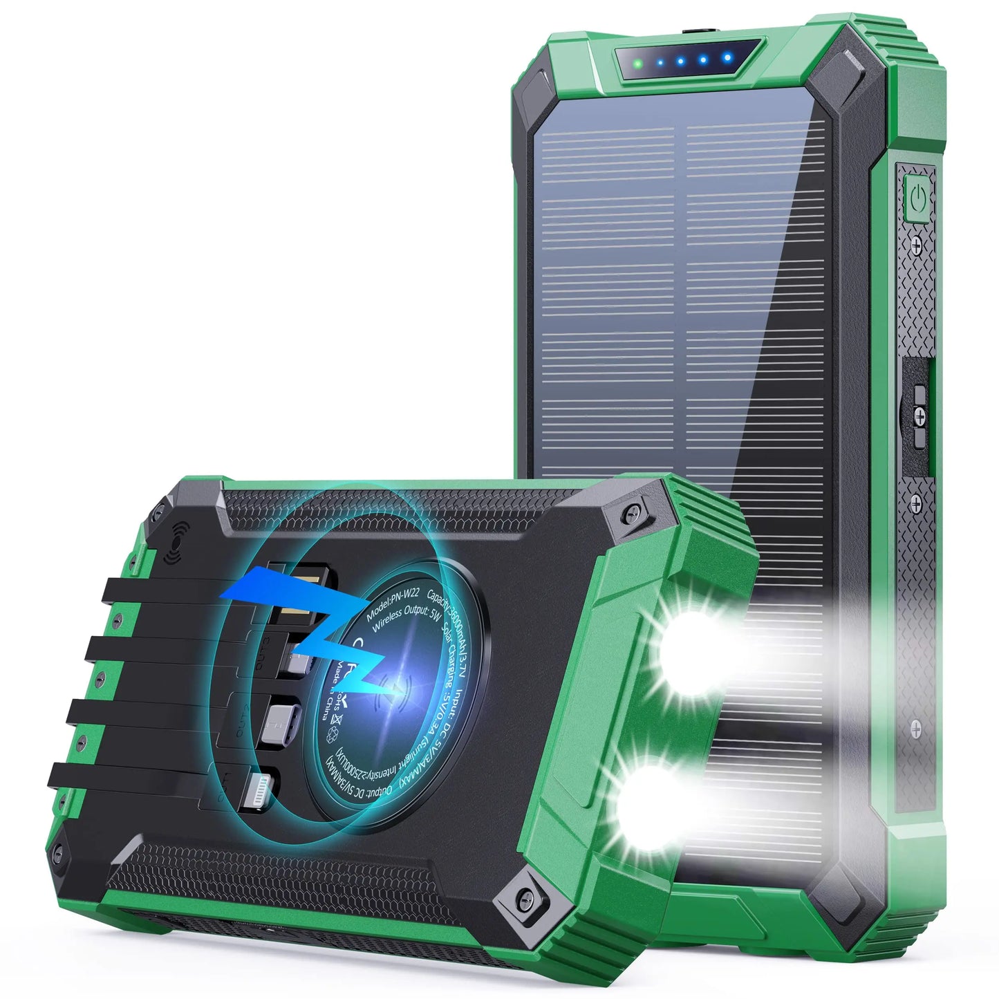 GNC W22 Solar Battery Power Bank - 15W Fast Charger Portable Charger, 4 Built-In Cables, 6 Outputs, 3 Inputs, Dual Built-In Flashlight, Carabiner, Universal Device Compatibility, Clip-On Design, Portable Chargers
