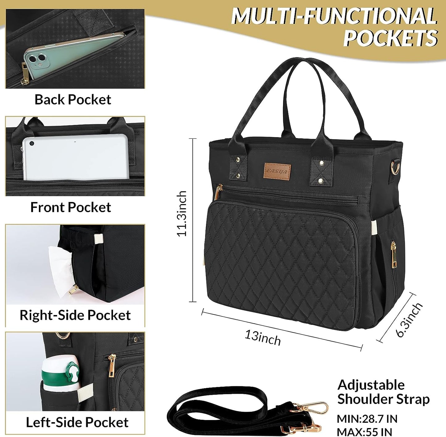 Large Insulated Lunch Bag for Work, Women'S Nylon Thermal Lunch Box, Leakproof Cooler Tote Bag with Storage Pocket (Black)