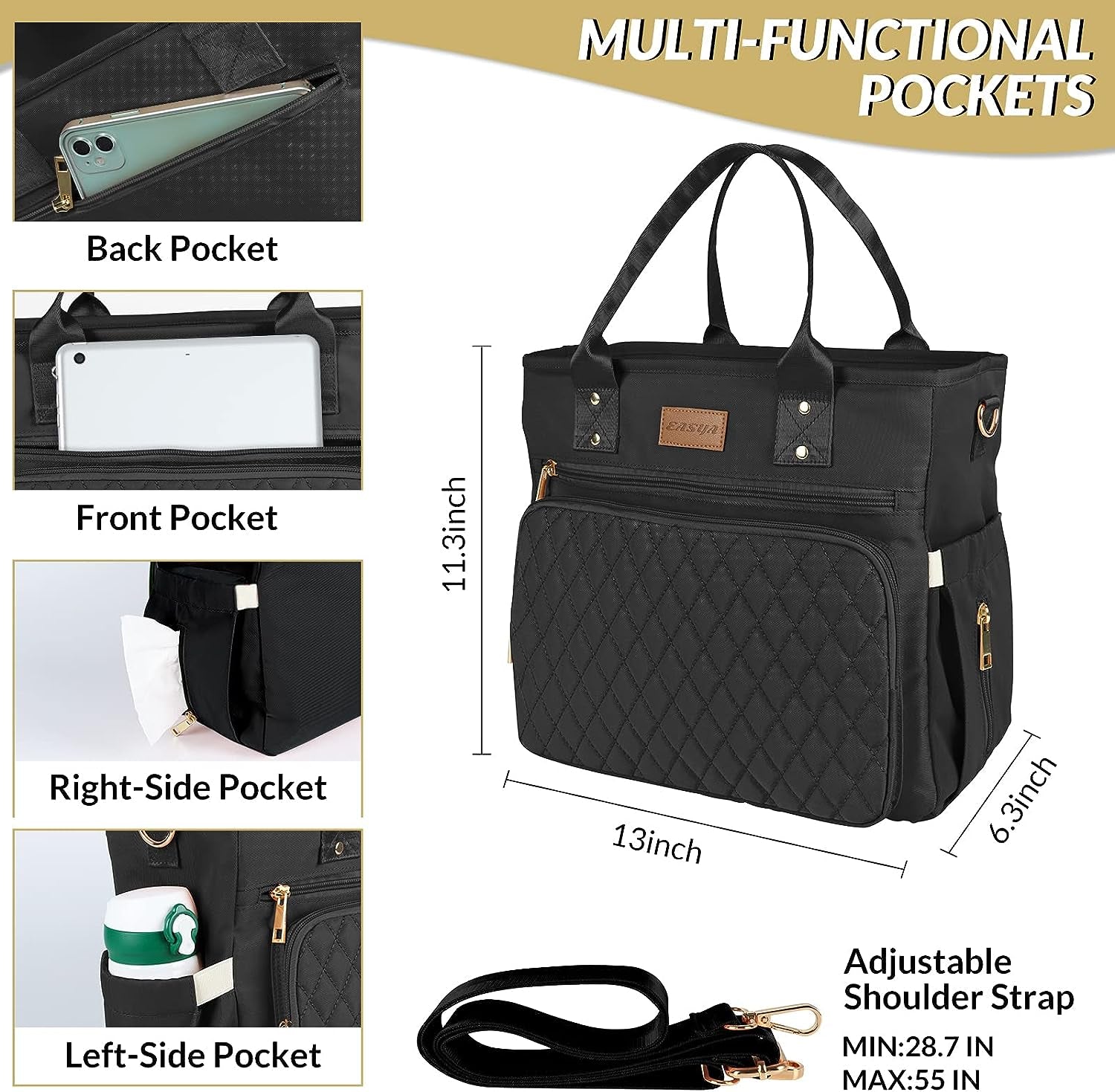Large Insulated Lunch Bag for Work, Women'S Nylon Thermal Lunch Box, Leakproof Cooler Tote Bag with Storage Pocket (Black)