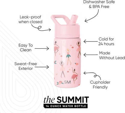 Kids Water Bottle with Straw | Insulated Stainless Steel Reusable Tumbler for Girls, Boys | Summit Collection | 415Ml | Pink Ballerina