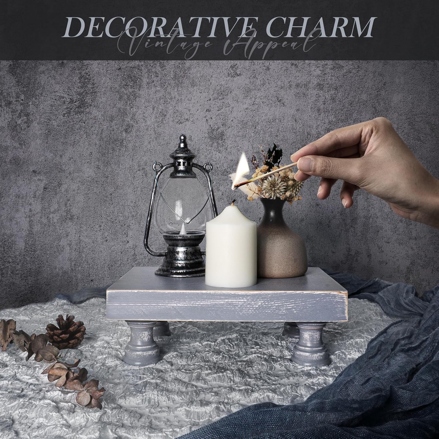 Wood Riser & Display Stand for Rustic Kitchen Counter, Gray | Pine Wood, 8.5" Display Riser, Bathroom Decor, Soap Holder, Coffee Bar Accessory, Plant & Candle Display, Neutral Decor