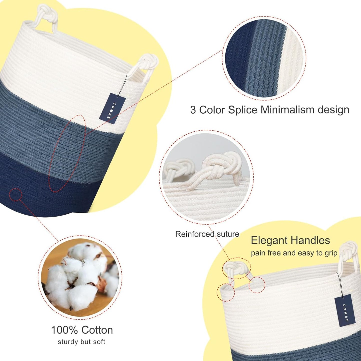 Tall Woven Blanket Basket, Laundry Hamper 72L, White & Blue | Cotton Rope, 40 X 55 Cm, Large Nursery Hamper for Storage of Toys Clothes Towels, Great for Living Rooms Bedrooms Bathrooms