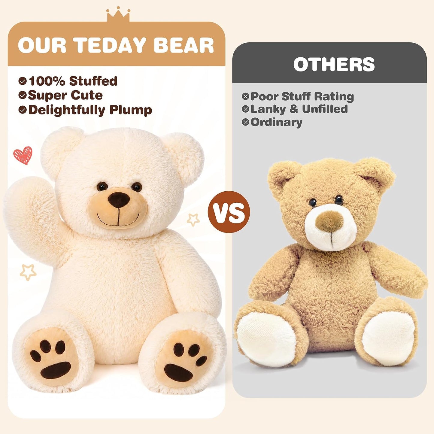 Teddy Bear Stuffed Animals, 20 Inch Soft Plush Toy, Beige | Cute Footprint Plushie for Easter and Birthday Gifts, Soft Huggable Toy for Toddlers Cuddling, Snuggling & Bedtime.