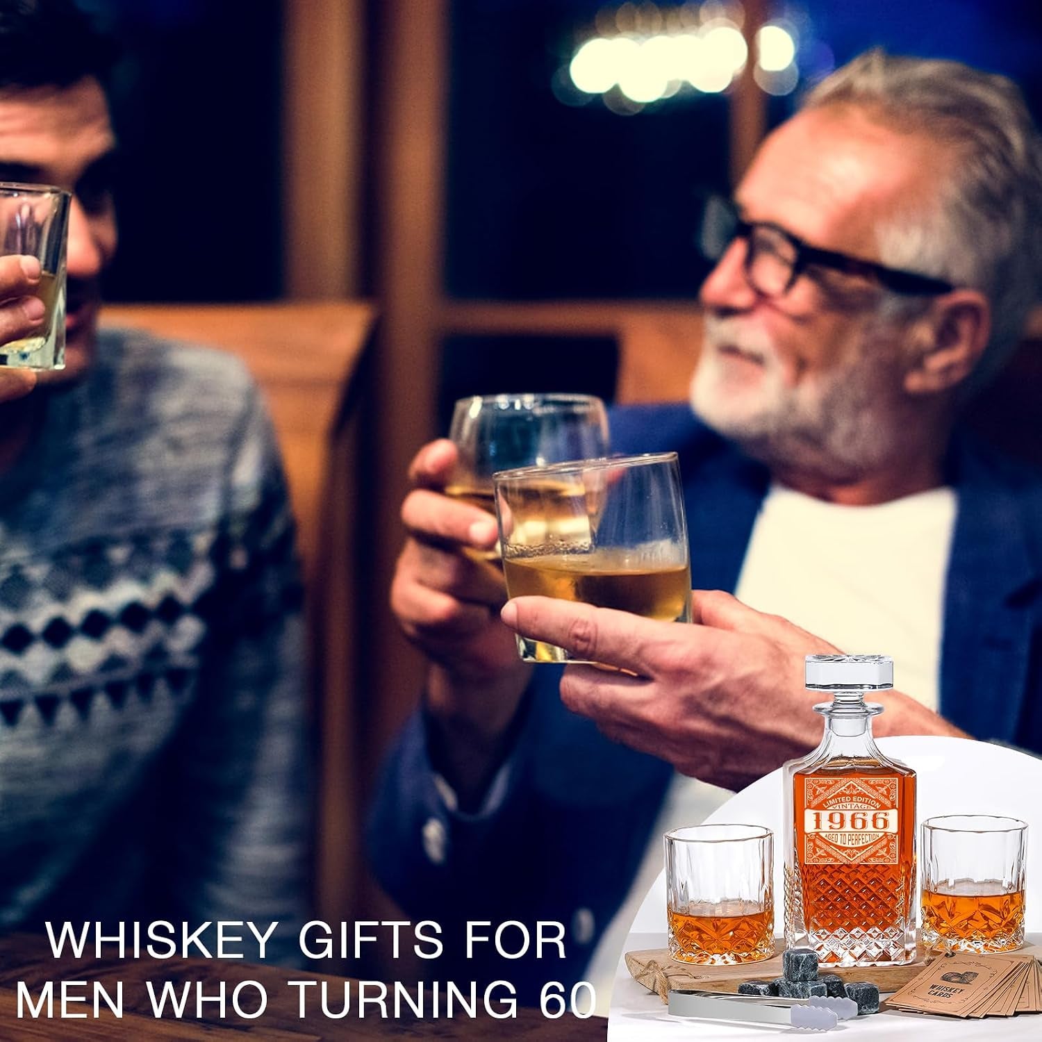 1966 60Th Birthday Gifts for Men Dad, 1966 Laser Whiskey Decanter Set with Gift Box, Anniversary Bday Gift Ideas for Him Husband, 60 Years Decorations, Whiskey Glasses & Whisky Stones Inc.