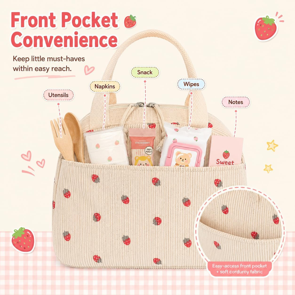 Lunch Bag for Women Men Cute Corduroy Lunch Tote Bags Reusable Insulated Lunch Box Large Capacity Reusable Insulated Cooler for School Work or Travel