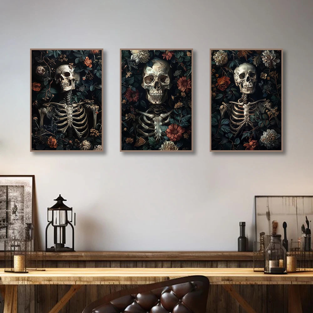 3Pcs/Sets Ghost Skeleton Posters and Prints Canvas Painting Gothic Flowers Wall Art for Home Living Room Decor Halloween Gifts
