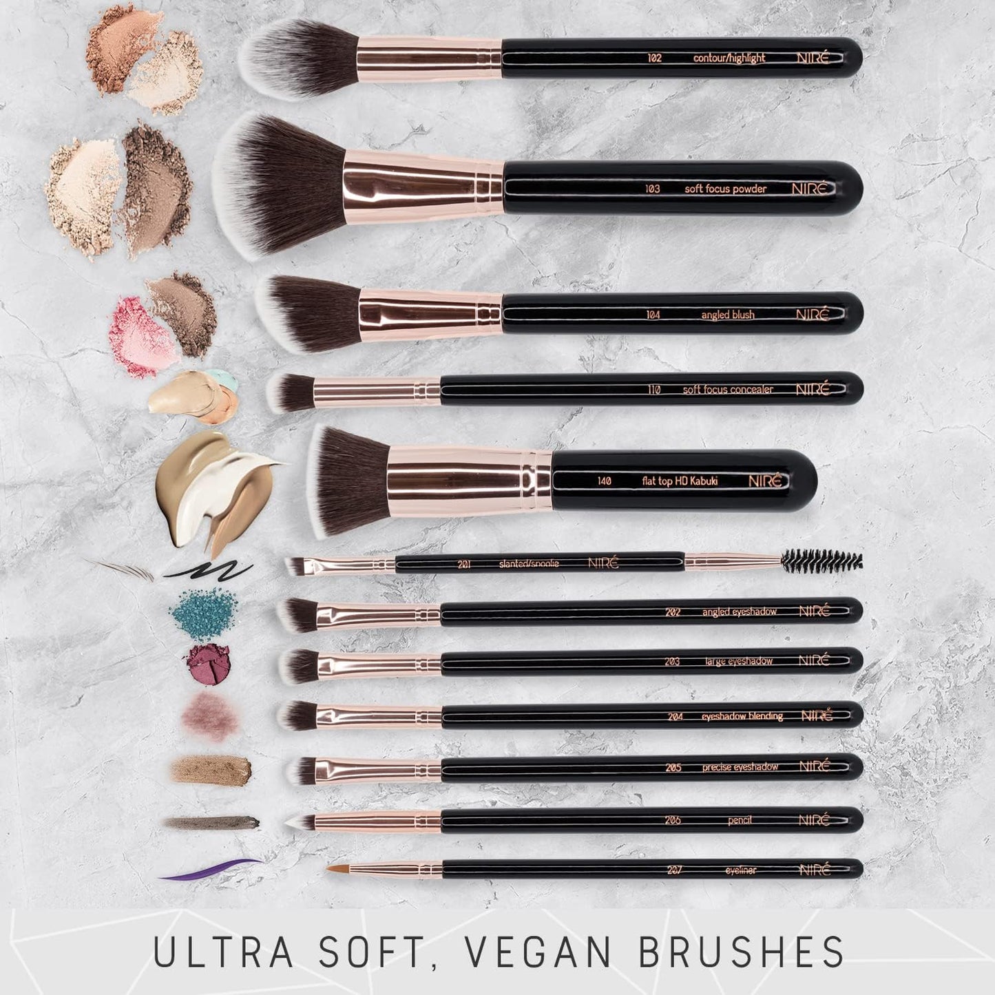 Beauty Professional Makeup Brush Set, Vegan, 15Pc, Black Rose Gold | Kabuki, Blusher, Foundation, Powder, Contour, Eyeshadow, Brow Heads, Blending Sponge, Brush Cleaner, Beginner Guide, Gift Box