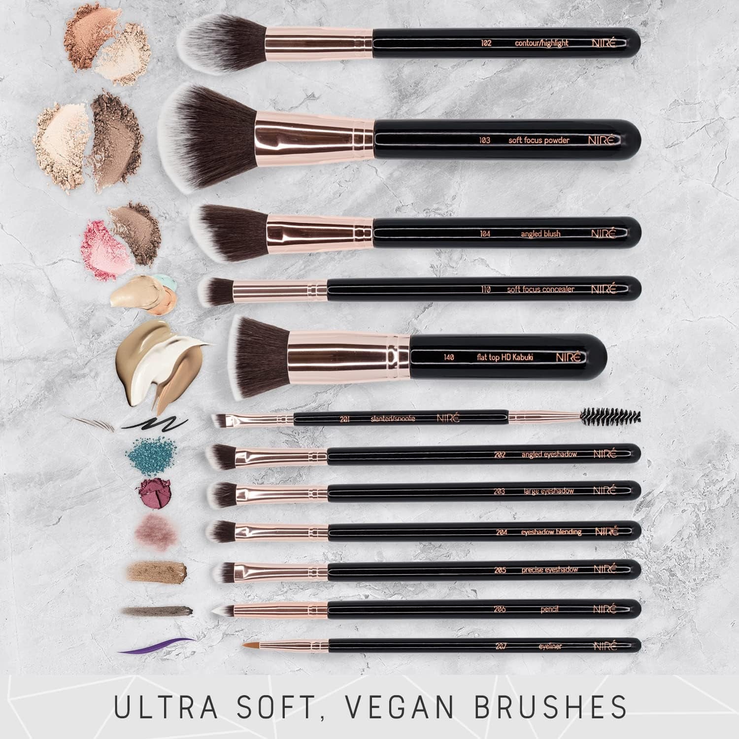 Beauty Professional Makeup Brush Set, Vegan, 15Pc, Black Rose Gold | Kabuki, Blusher, Foundation, Powder, Contour, Eyeshadow, Brow Heads, Blending Sponge, Brush Cleaner, Beginner Guide, Gift Box