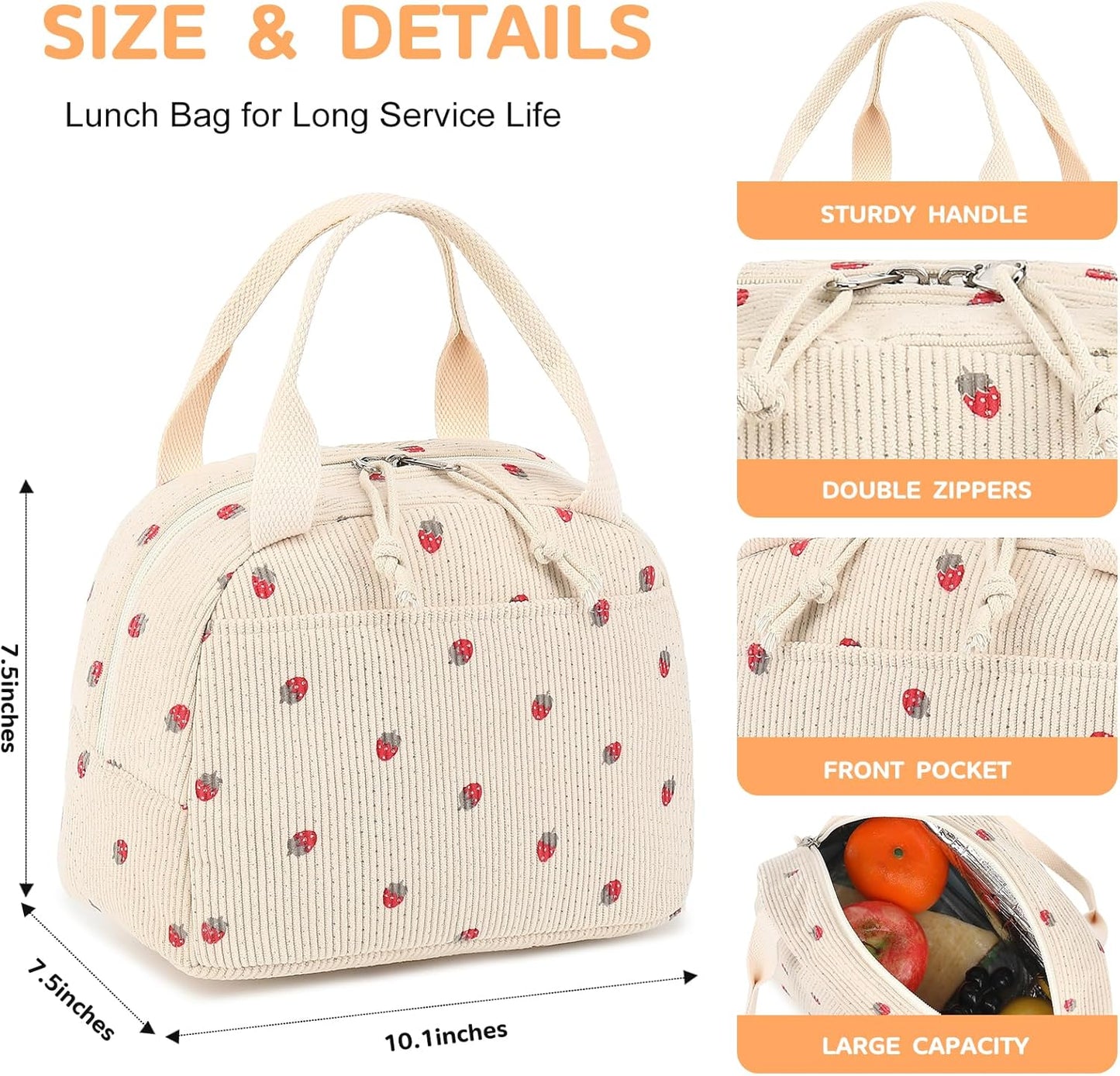 Lunch Bag for Women Men Cute Corduroy Lunch Tote Bags Reusable Insulated Lunch Box Large Capacity Reusable Insulated Cooler for School Work or Travel