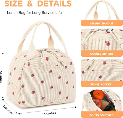 Lunch Bag for Women Men Cute Corduroy Lunch Tote Bags Reusable Insulated Lunch Box Large Capacity Reusable Insulated Cooler for School Work or Travel