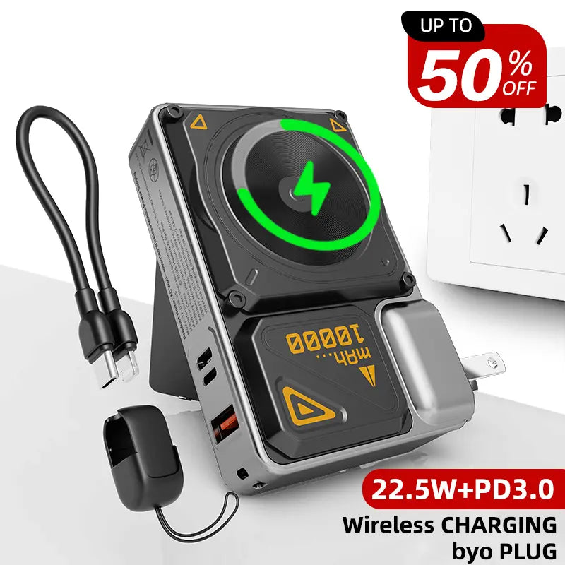 6 in 1 Magnetic Power Bank Charger 10,000Mah Portable Charger with Built-In Cable and Foldable AC Plug，22.5W Max，Portable Charger with Built-In Cables, for Samsung Google Pixel LG Moto Iphone Ipad