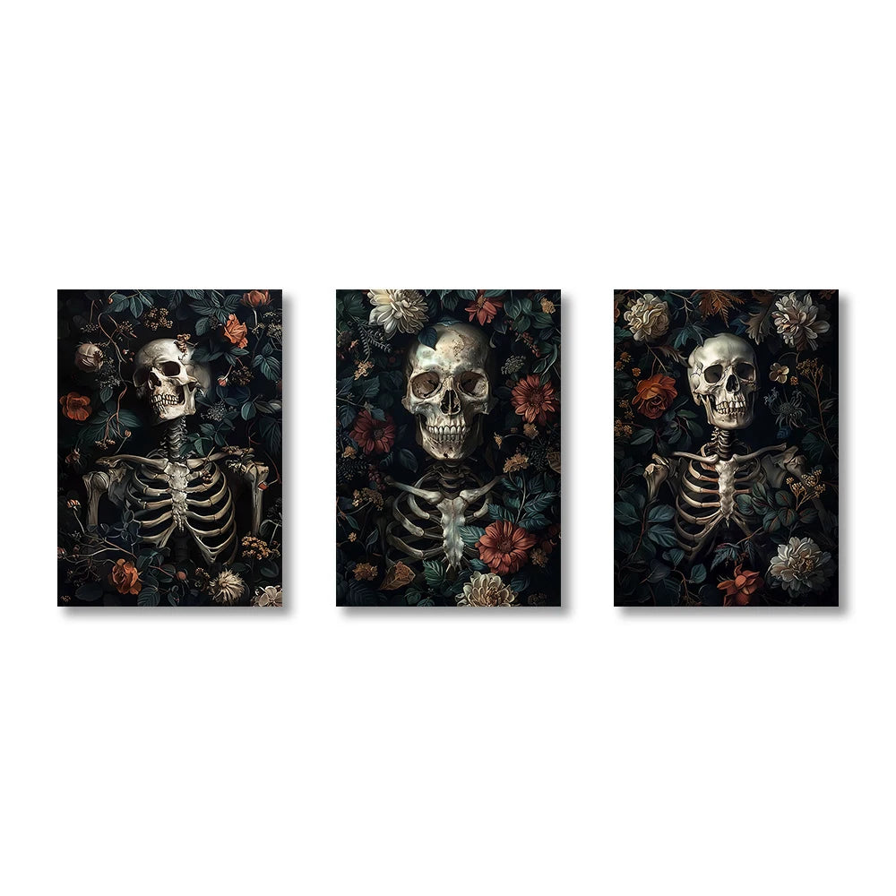 3Pcs/Sets Ghost Skeleton Posters and Prints Canvas Painting Gothic Flowers Wall Art for Home Living Room Decor Halloween Gifts